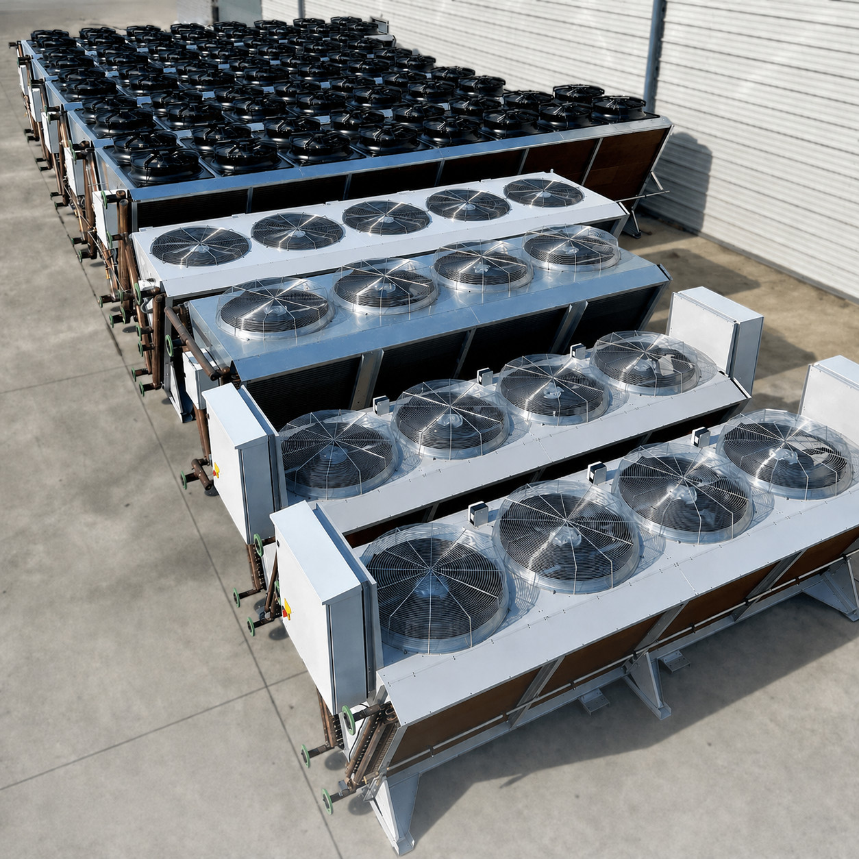 Large array of HC Coils adiabatic V-coil coolers with multiple axial fans