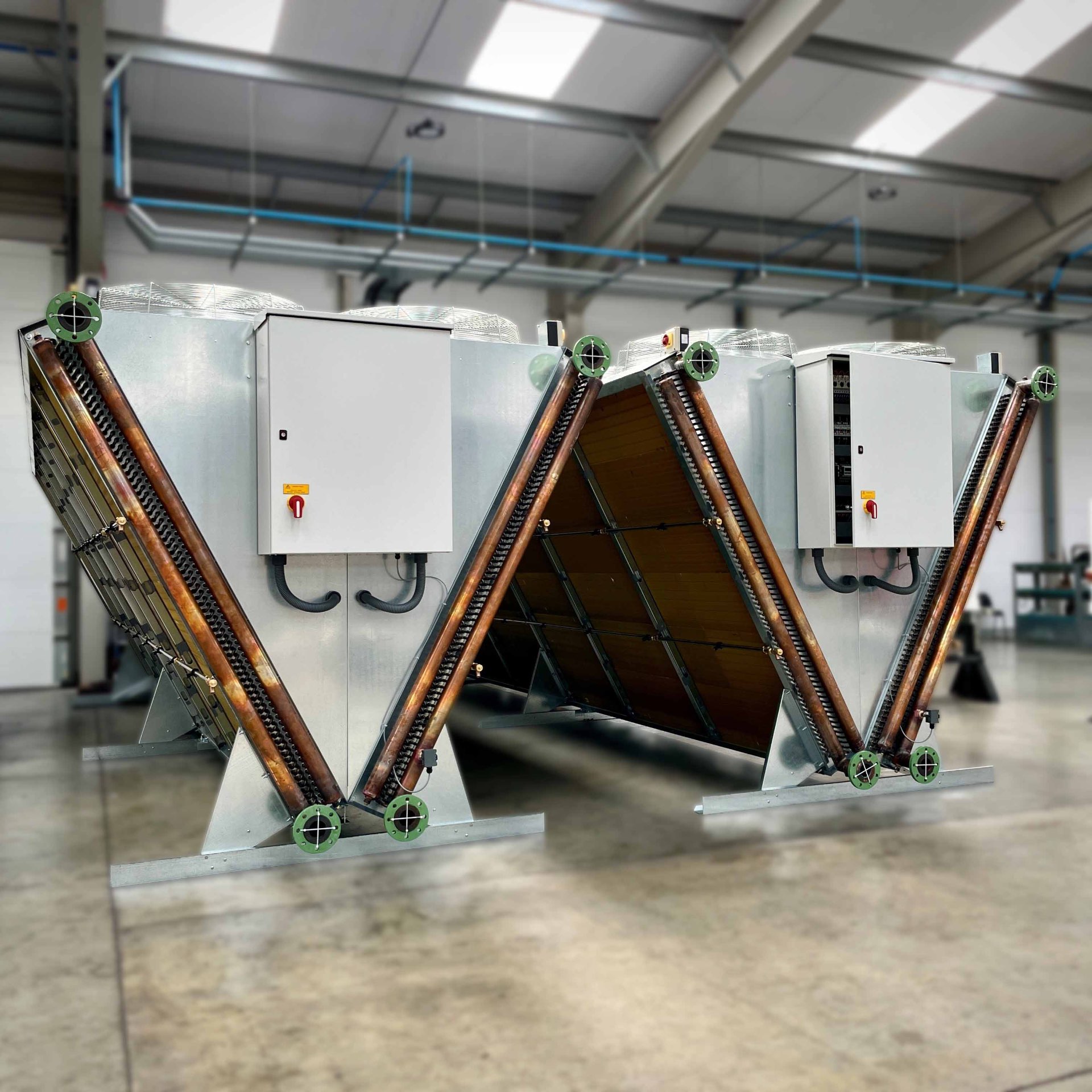 Bespoke HC Coils V-coil adiabatic coolers side by side in the factory