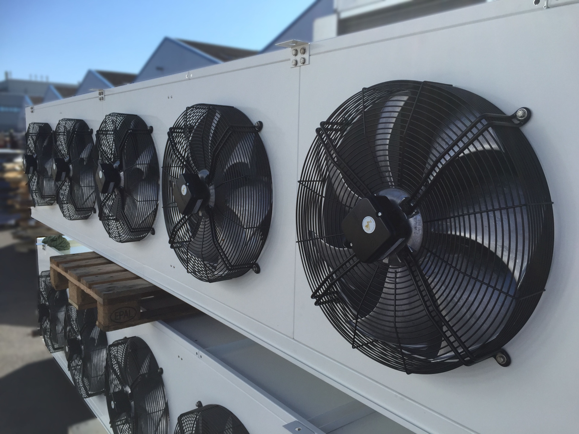 Close-up of axial fans on a bespoke industrial air cooler