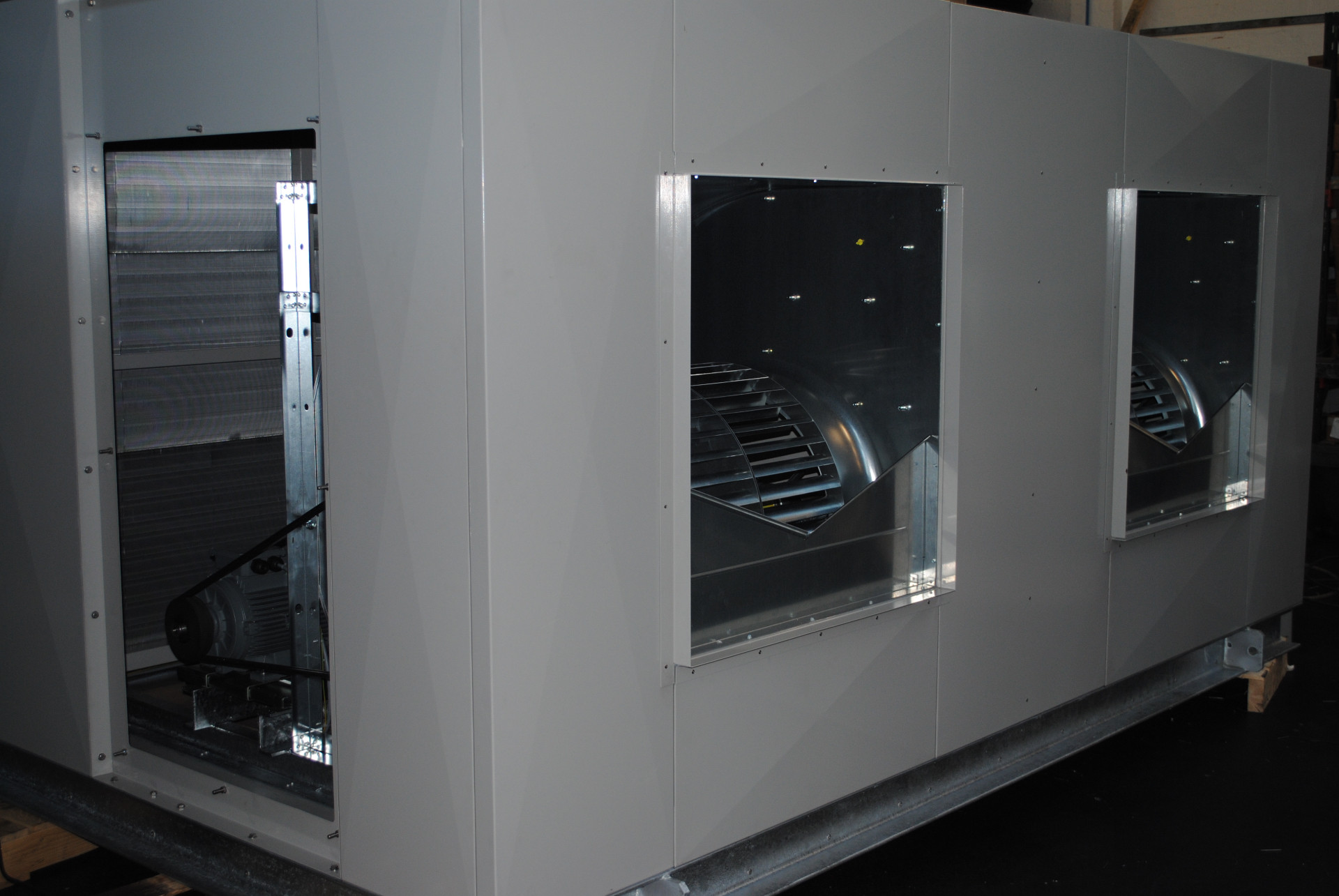 Centrifugal fan dry air cooler showing twin fan discharge openings and side coil access