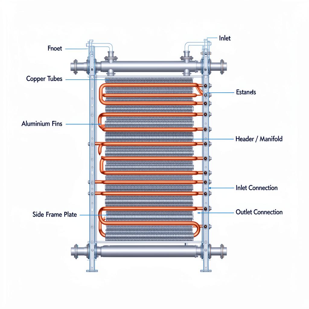 Labelled diagram of an industrial heat exchange coil showing copper tubes, aluminium fins, headers, inlet and outlet connections, and side frame plates