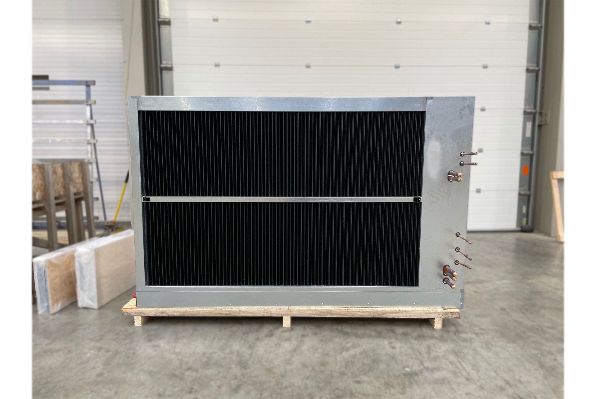 Bespoke DX coil with coated aluminium fins and galvanised casing ready for dispatch