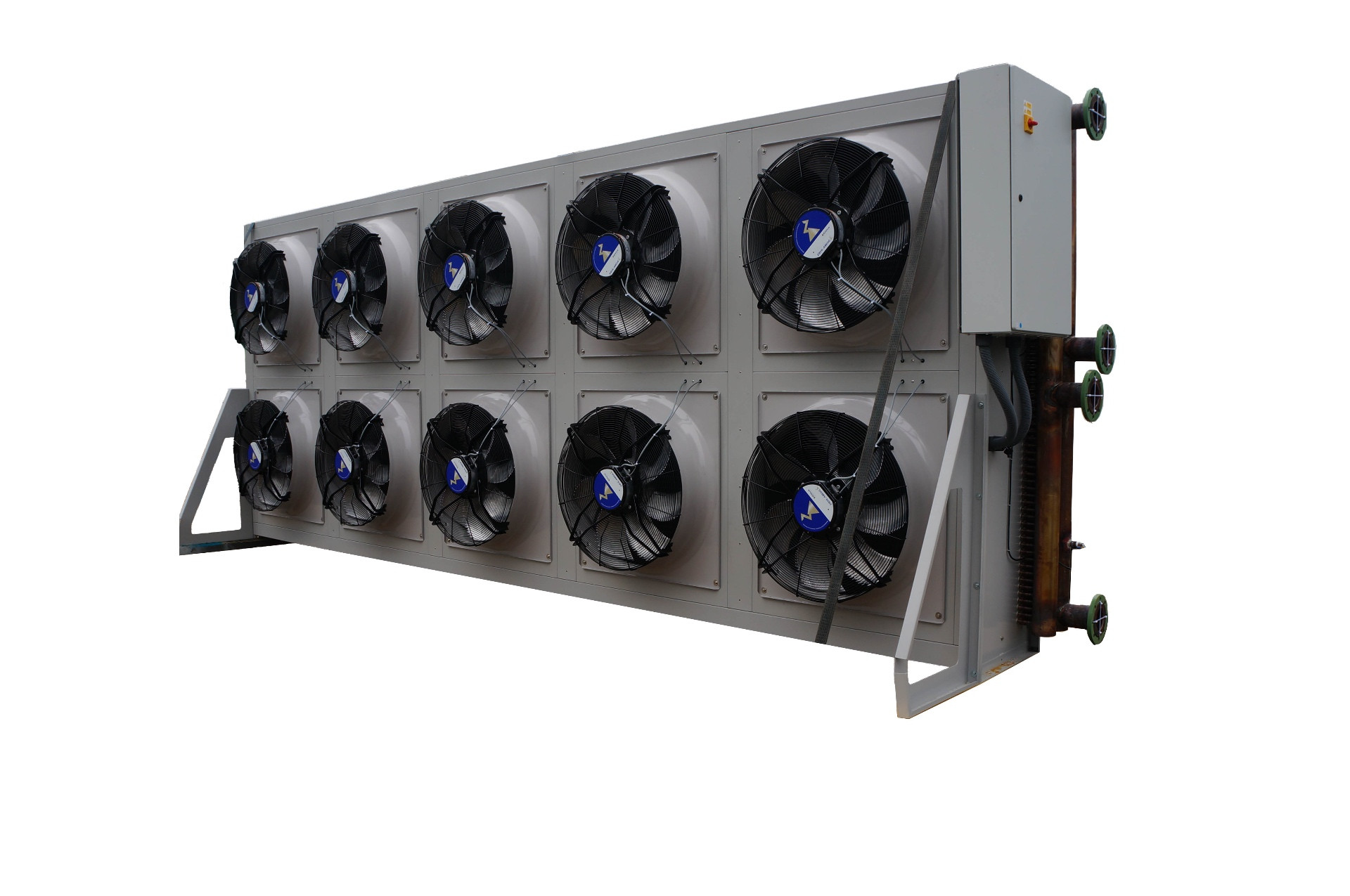 Bespoke horizontal air flow dry air cooler with ten axial fans and copper coil