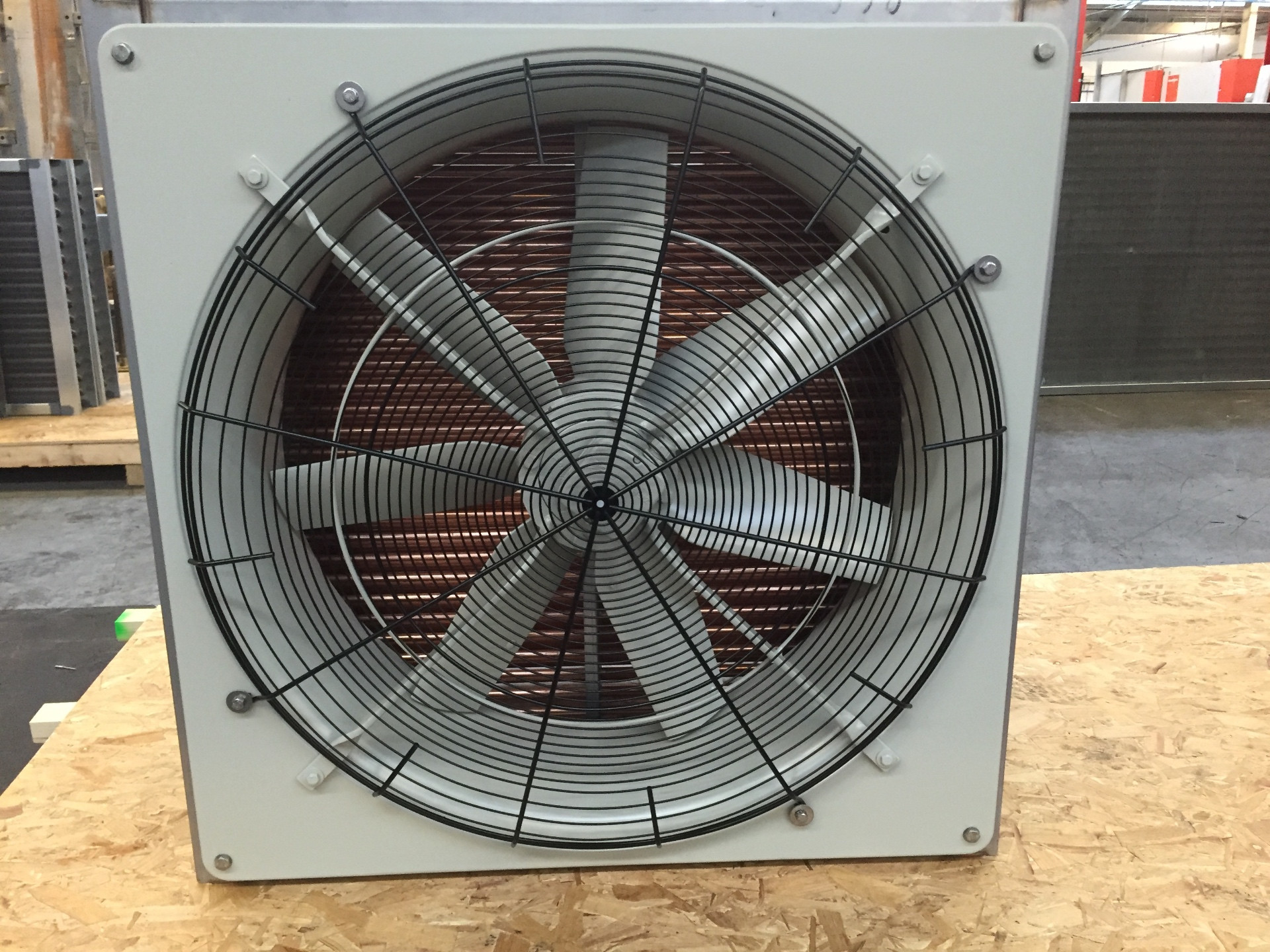 Front view of axial fan and copper finned coil