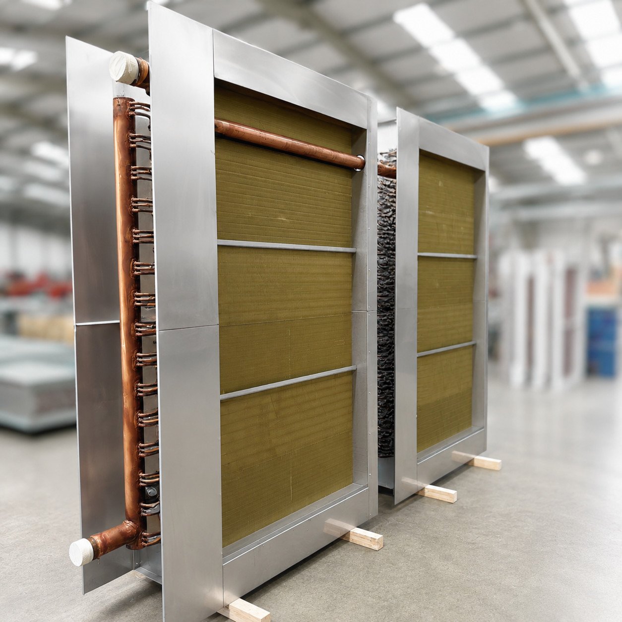 Large bespoke hot water heating coils with copper return bends ready for despatch
