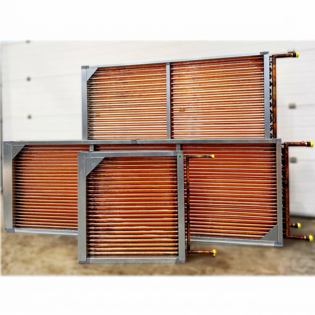 Stack of bespoke hot water heating coils with copper tubes and galvanised frames