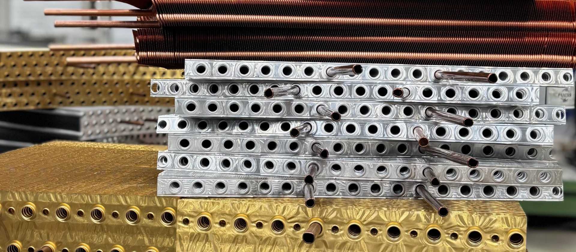 Sample swatches of coil fin materials and protective coatings used by HC Coils