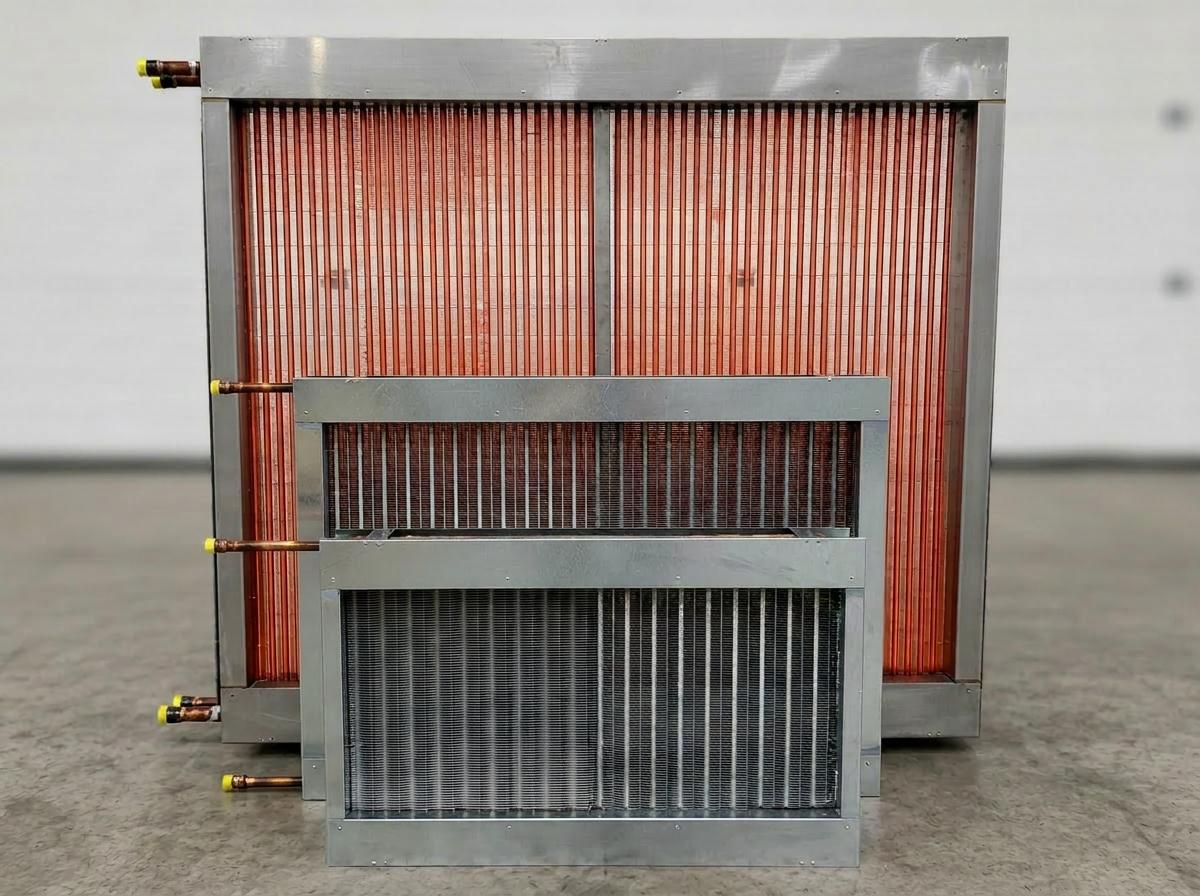 Two bespoke steam coils with copper tubes and stainless steel casings displayed in the HC Coils workshop