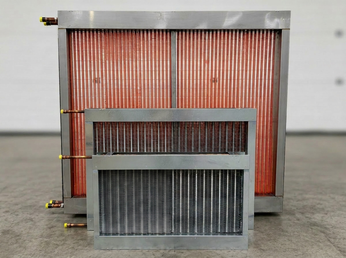 Two bespoke steam coils with copper tubes and stainless steel casings displayed in the HC Coils workshop