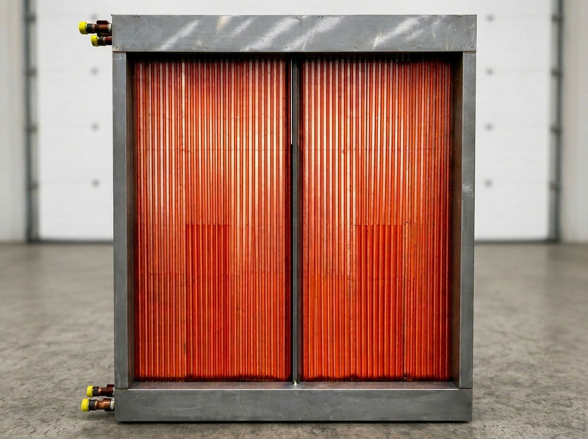 Large bespoke steam coil with copper tubes and stainless steel casing
