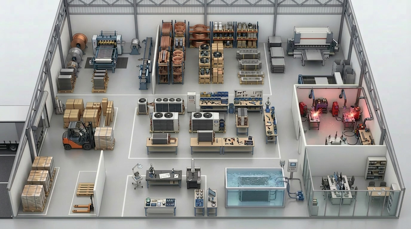 3D isometric view of HC Coils testing and manufacturing facility showing nine production zones