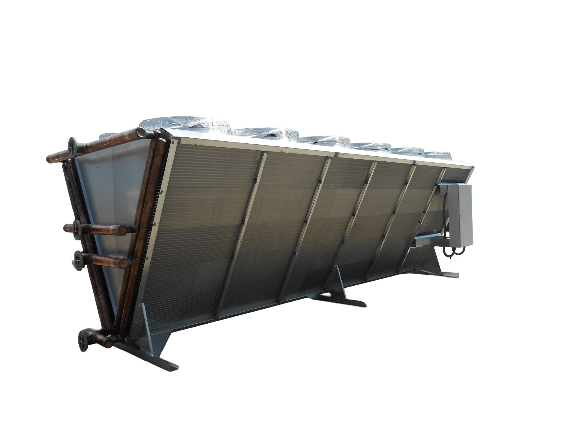 Bespoke V Configuration dry air cooler with copper headers, aluminium fins and top-mounted EC fans