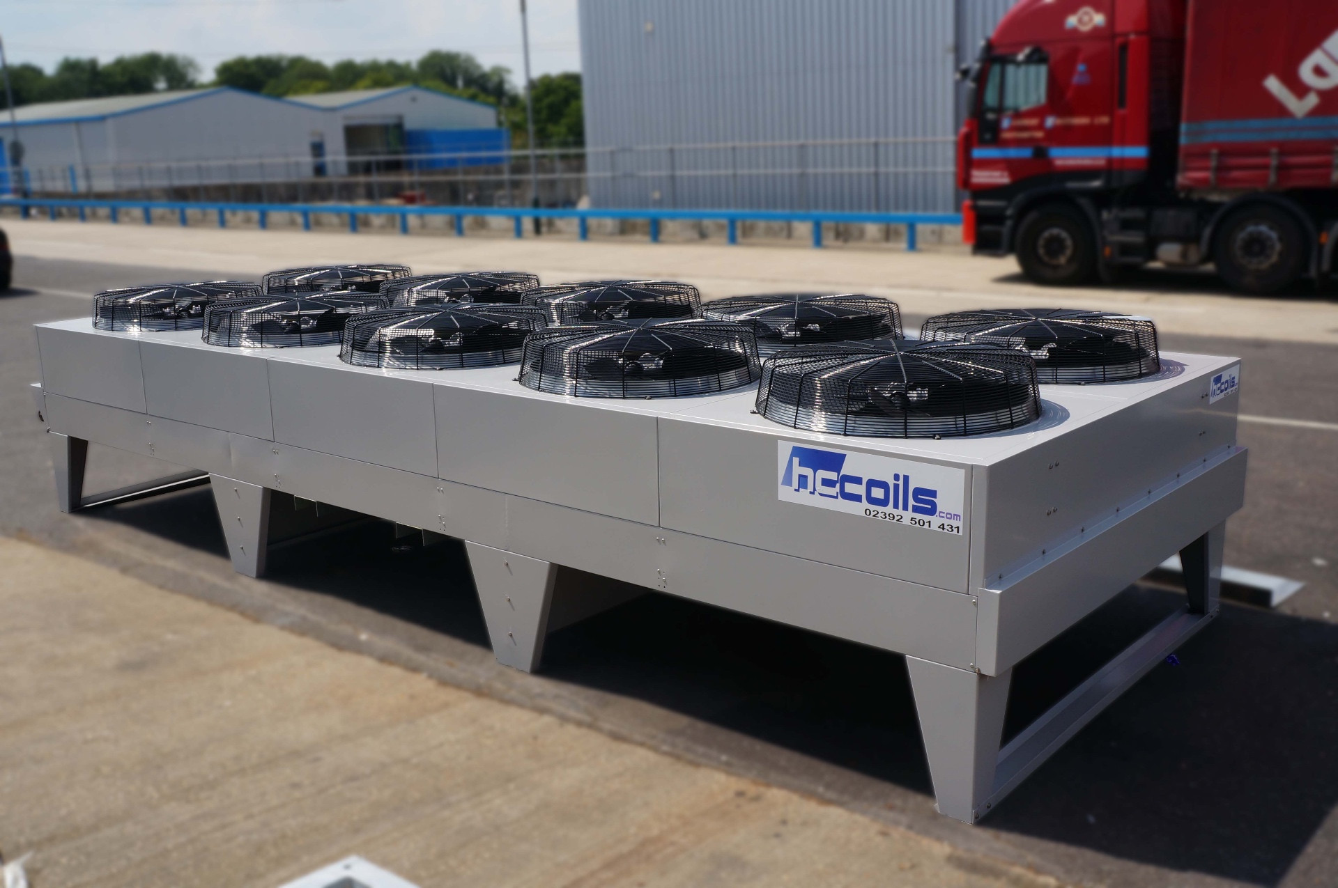 Bespoke HC Coils vertical air flow dry air cooler with twin rows of top-mounted axial fans